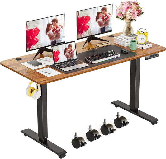 Premium Electric Standing Desk: Adjustable Height, 4 Preset Heights, Lockable Wheels - Ideal for Home Office
